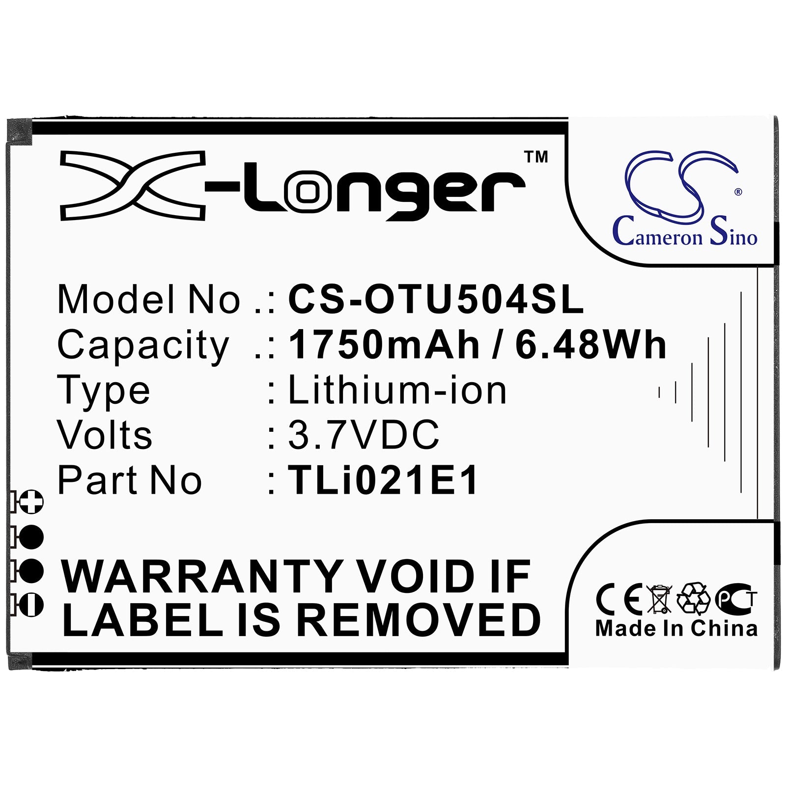 Li-ion Battery fits Alcatel, Cab2150008c1, Tli021e1 3.7V, 1750mAh Mobile & SmartPhone Cameron Sino Technology Limited