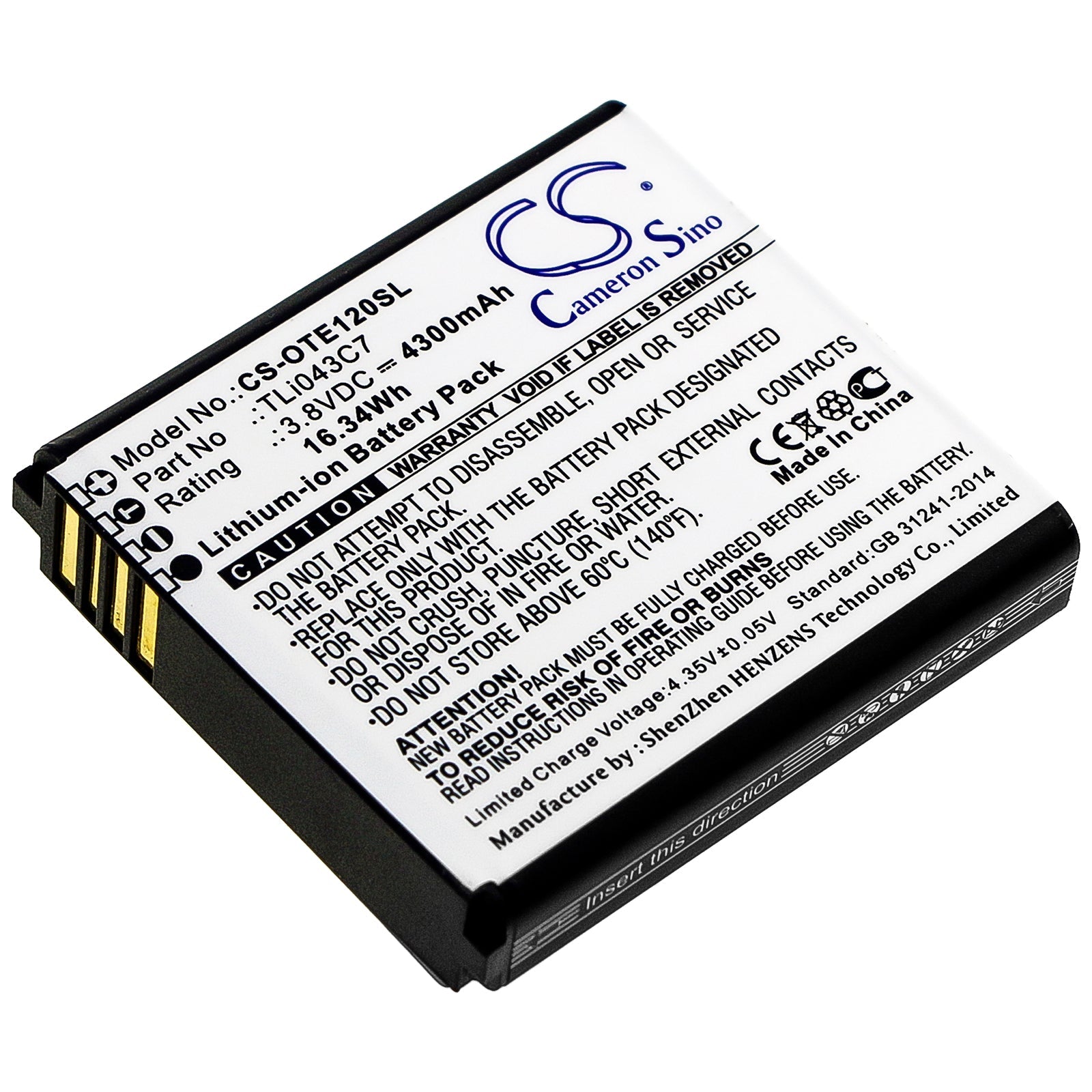 Li-ion Battery fits Alcatel, Ee120 3.8V, 4300mAh Hotspot Cameron Sino Technology Limited