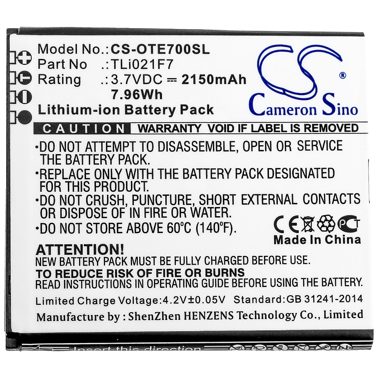 Li-ion Battery fits Alcatel, Ee70, Ee70vb, Ee 3.7V, 2150mAh Hotspot Cameron Sino Technology Limited