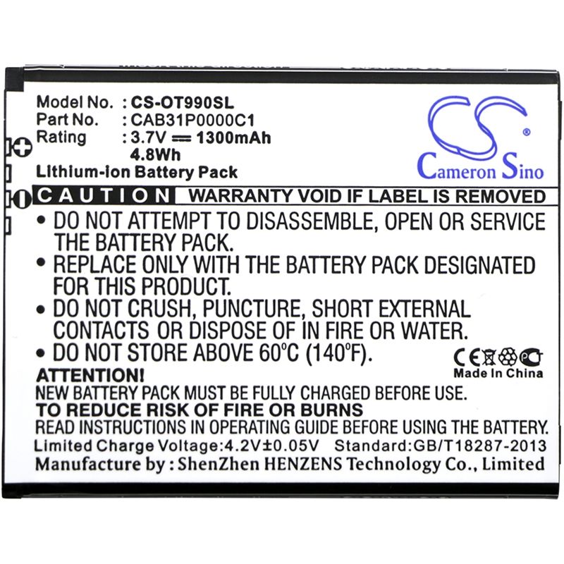 Li-ion Battery fits Alcatel, one touc pop, one touc pop c1, one touc pop c2 3.7V, 1300mAh Mobile & SmartPhone Cameron Sino Technology Limited