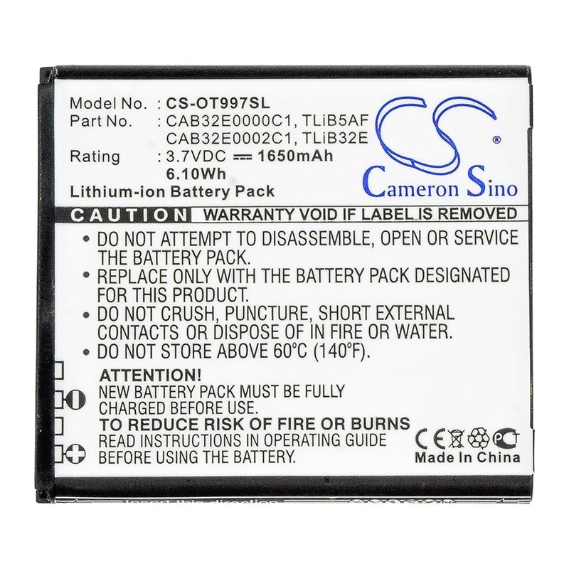 Li-ion Battery fits Alcatel, one touch 5035, one touch 5035d, one touch 997 3.7V, 1650mAh Hotspot Cameron Sino Technology Limited