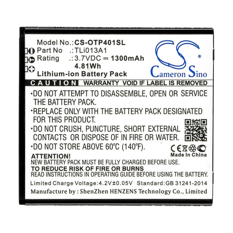 Li-ion Battery fits Alcatel, one touch pixi 4 3.5, ot-4017, ot-4017a 3.7V, 1300mAh Mobile & SmartPhone Cameron Sino Technology Limited