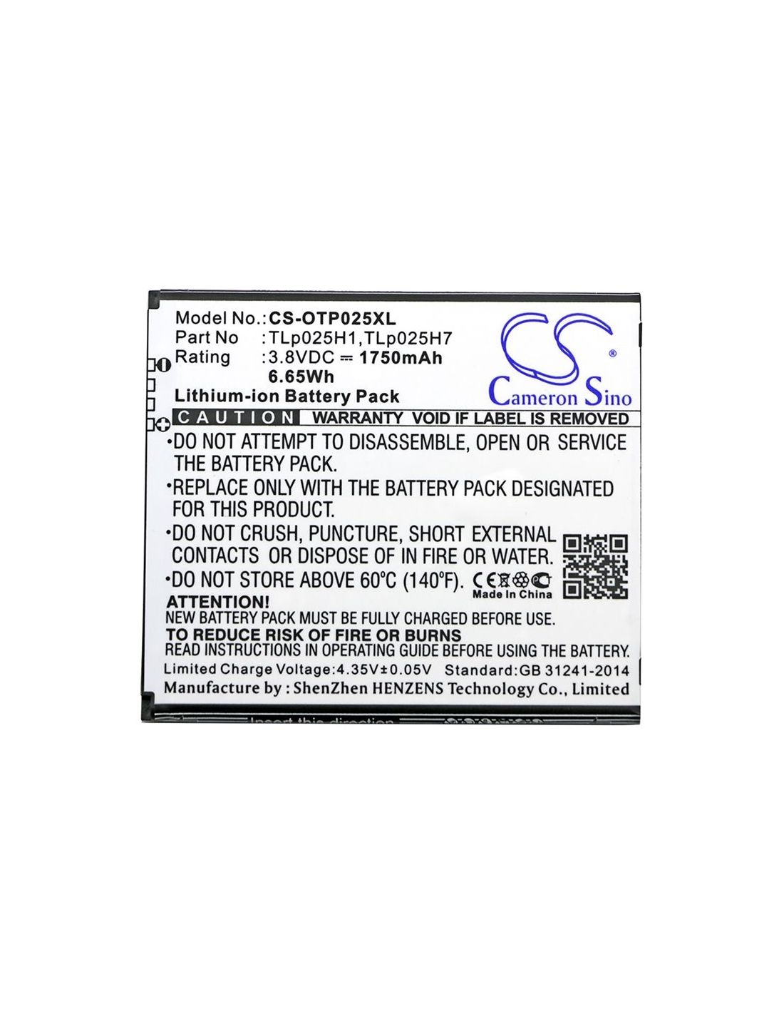 Li-ion Battery fits Alcatel, one touch pop 4, one touch pop 4 lte, ot-5051 3.8V, 1750mAh Mobile & SmartPhone Cameron Sino Technology Limited