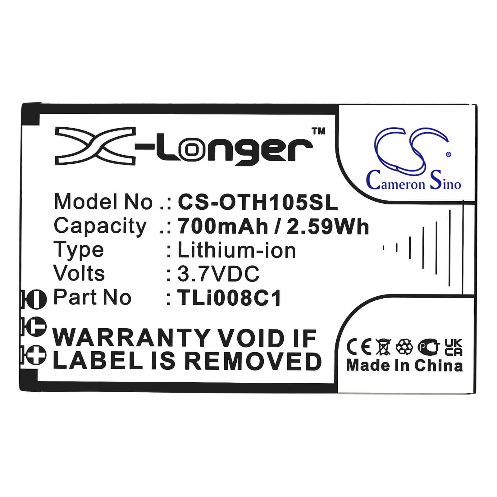 Li-ion Battery fits Alcatel, Onetouch 1054 3.7V, 700mAh / 2.59Wh Mobile & SmartPhone Cameron Sino Technology Limited