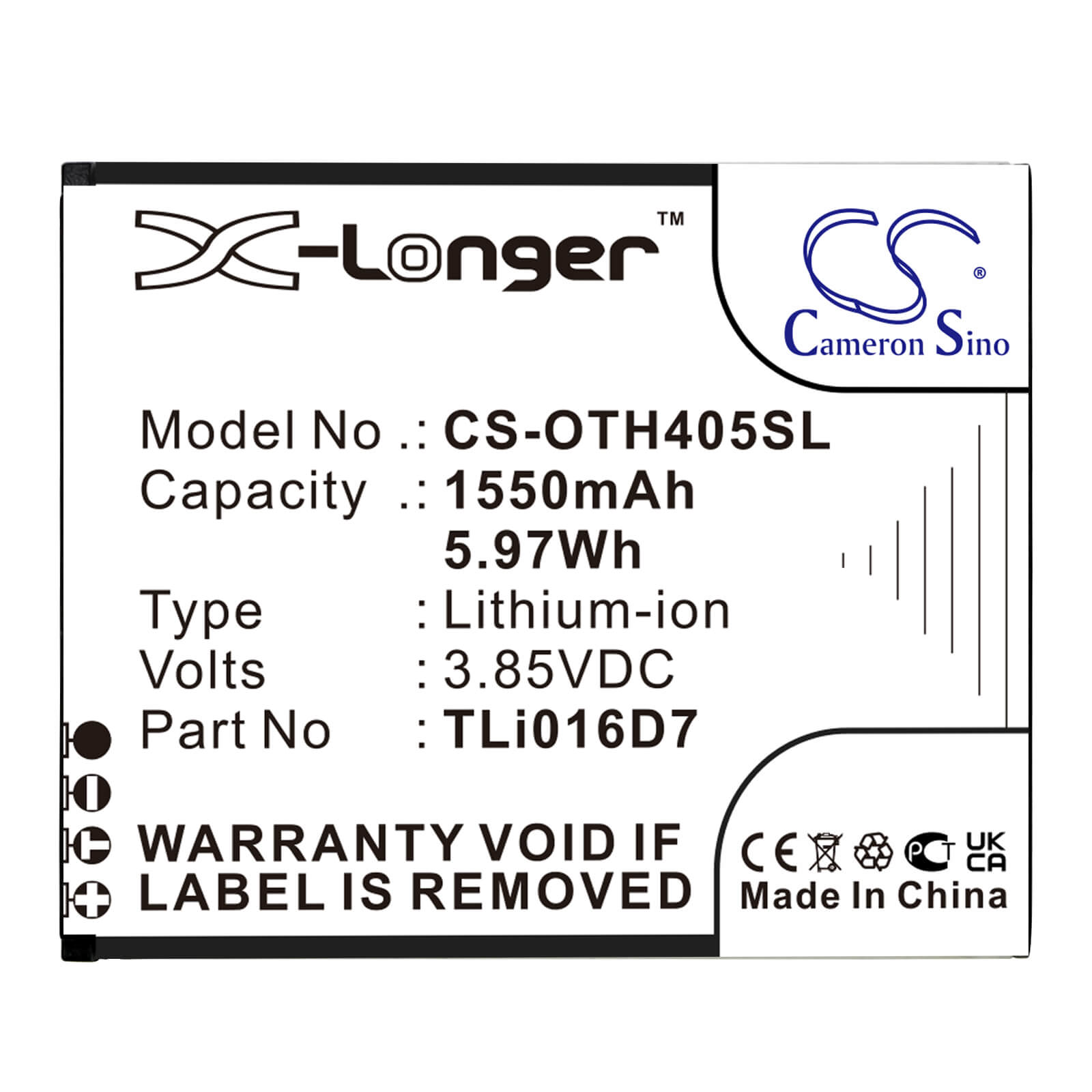 Li-ion Battery fits Alcatel, Ot-4055j, Ot-4055u 3.85V, 1550mAh / 5.97Wh Mobile & SmartPhone Cameron Sino Technology Limited
