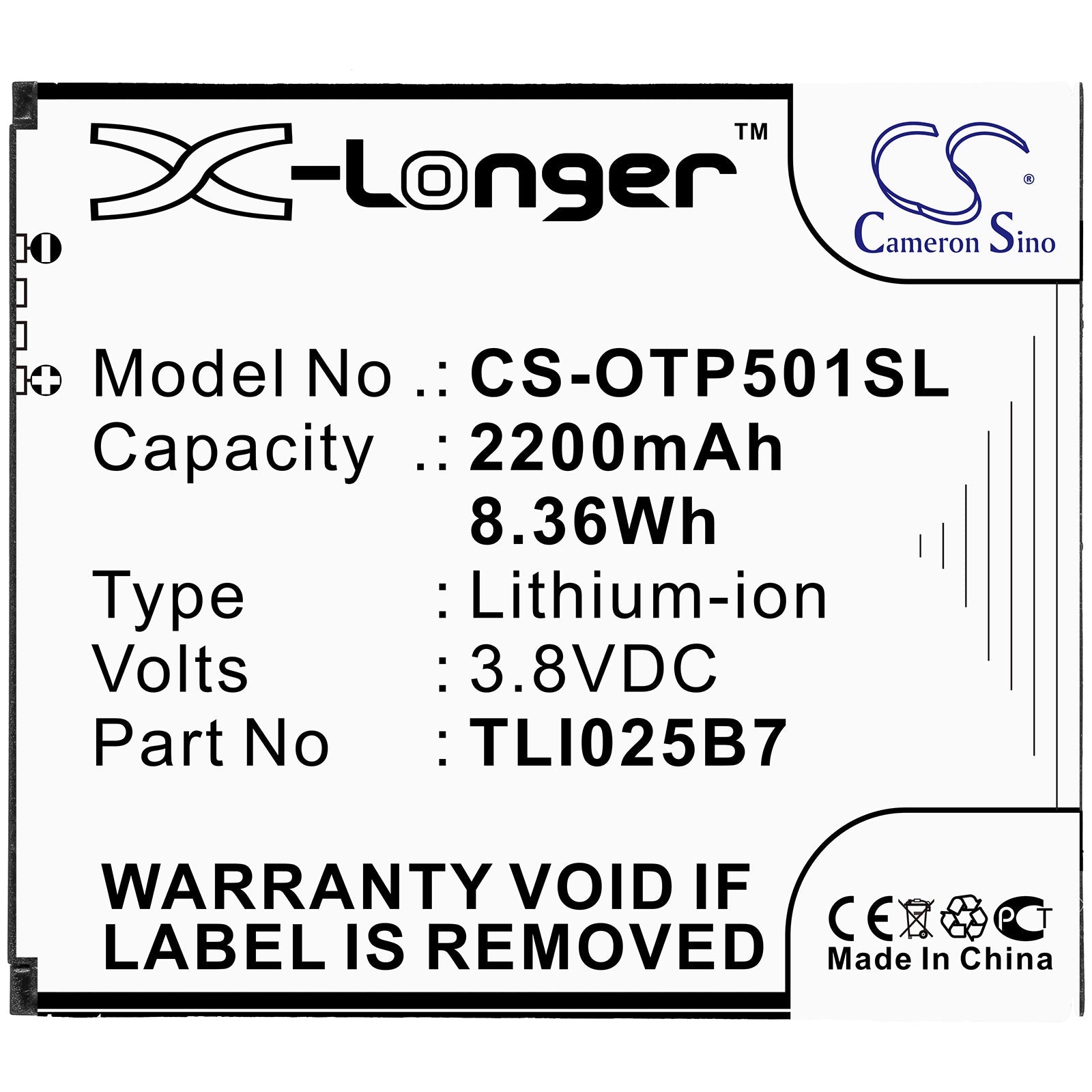 Li-ion Battery fits Alcatel, Tli025b7 3.8V, 2200mAh Mobile & SmartPhone Cameron Sino Technology Limited