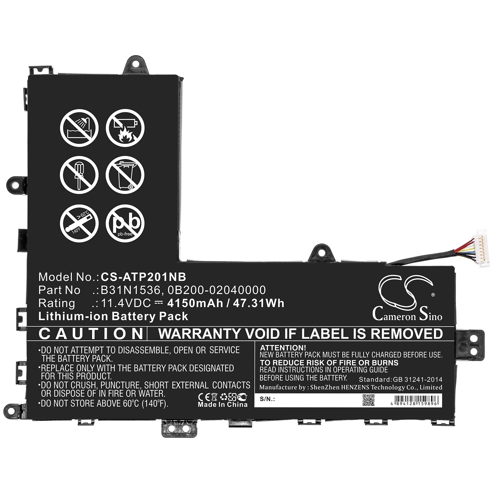 Li-ion Battery fits Asus, 0b200-02040000, B31n1536 11.4V, 4150mAh Notebook & Laptop Cameron Sino Technology Limited