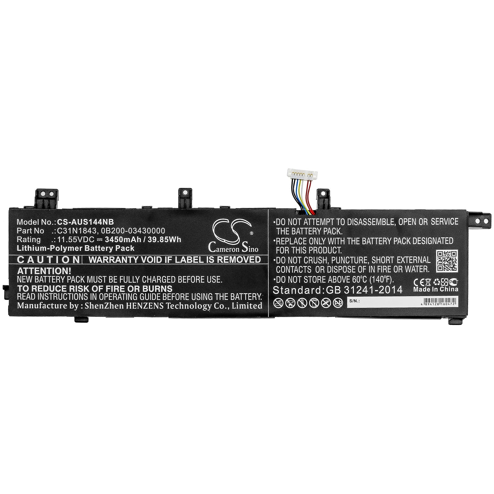 Li-ion Battery fits Asus, 0b200-03430000, C31n1843 11.55V, 3450mAh Notebook & Laptop Cameron Sino Technology Limited