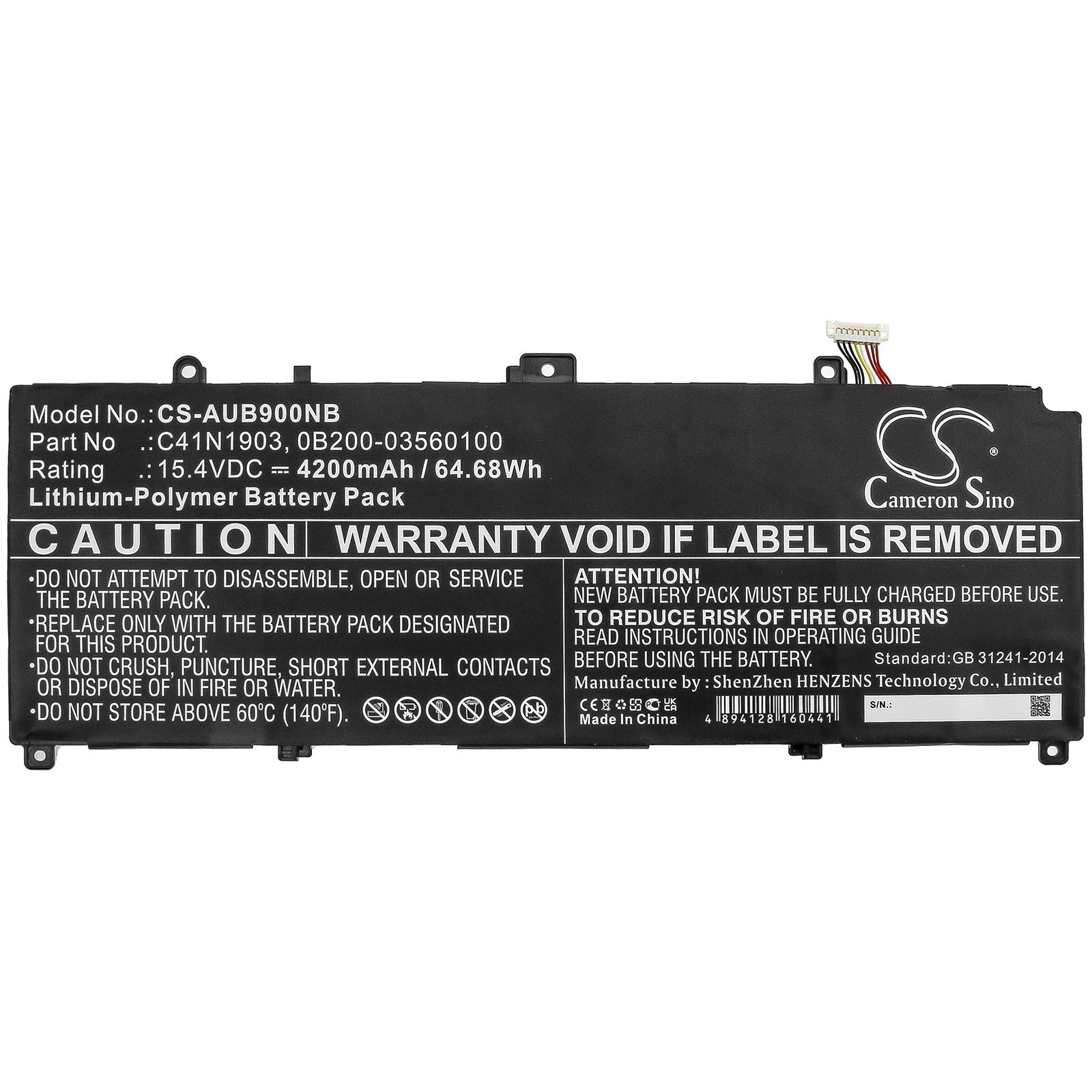 Li-ion Battery fits Asus, 0b200-03560100, C41n1903 15.4V, 4200mAh Notebook & Laptop Cameron Sino Technology Limited