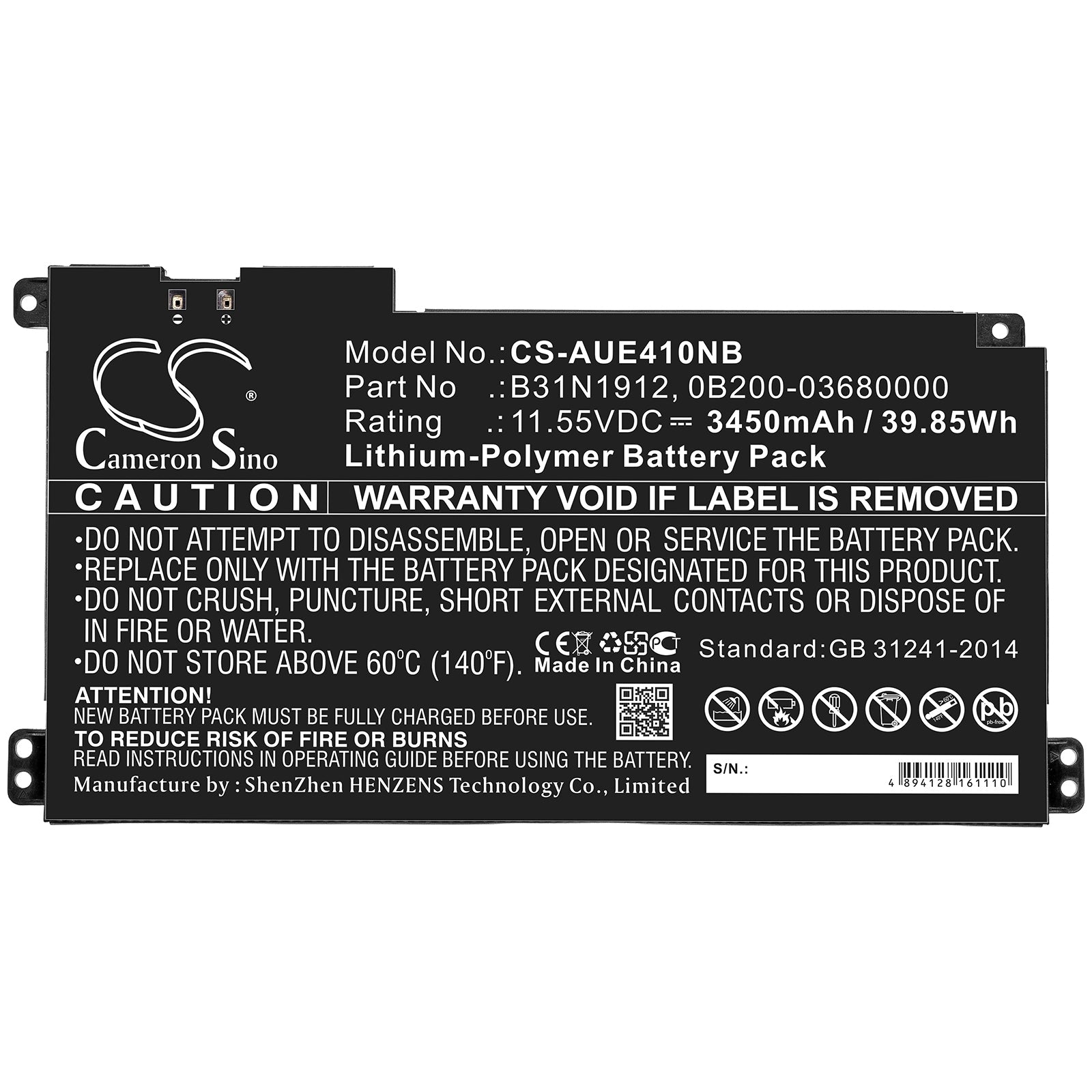 Li-ion Battery fits Asus, 0b200-03680000, B31n1912 11.55V, 3450mAh Notebook & Laptop Cameron Sino Technology Limited
