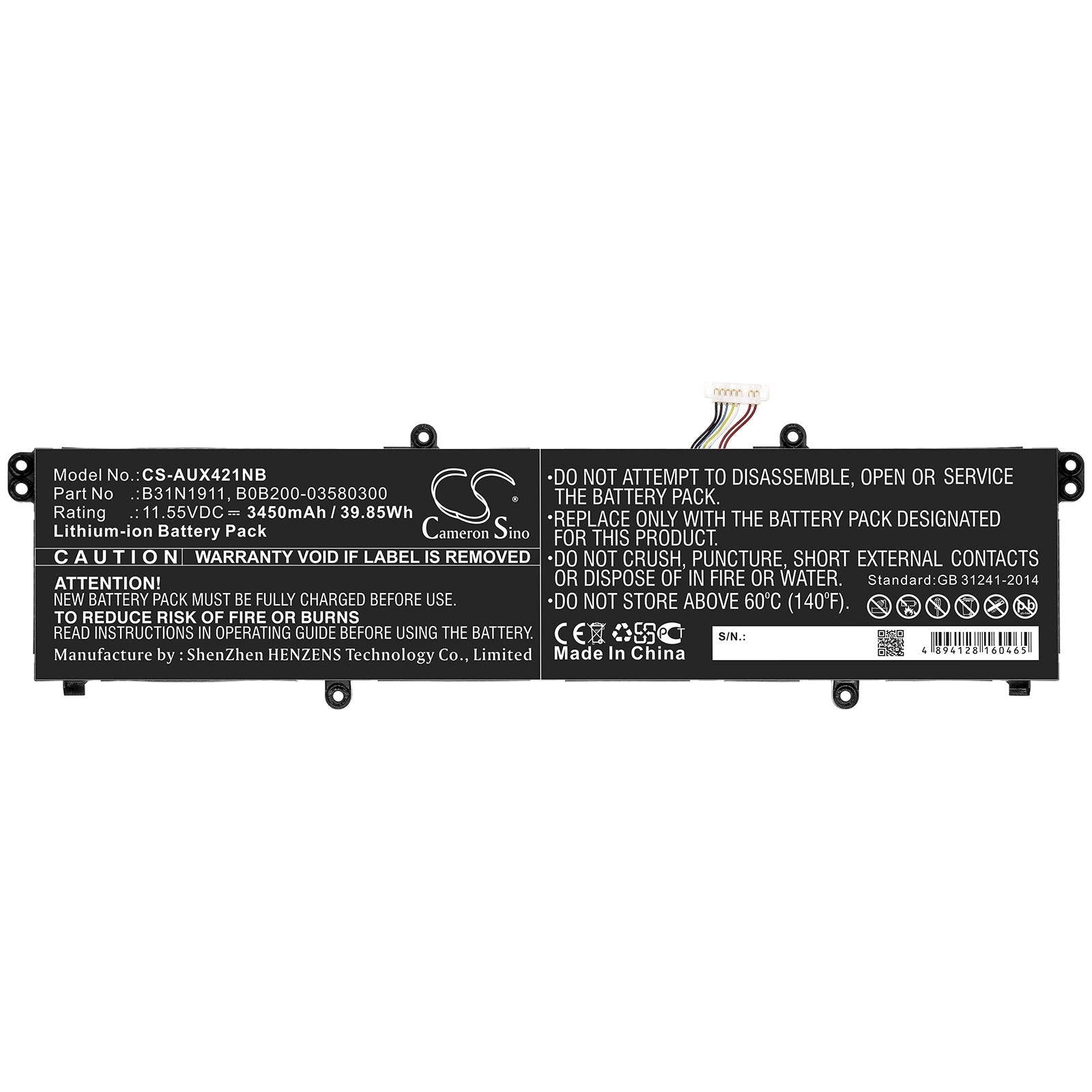 Li-ion Battery fits Asus, B0b200-03580300, B31n1911 11.55V, 3450mAh Notebook & Laptop Cameron Sino Technology Limited