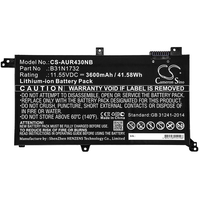 Li-ion Battery fits Asus, K430fa, K430fn 11.55V, 3600mAh Notebook & Laptop Cameron Sino Technology Limited