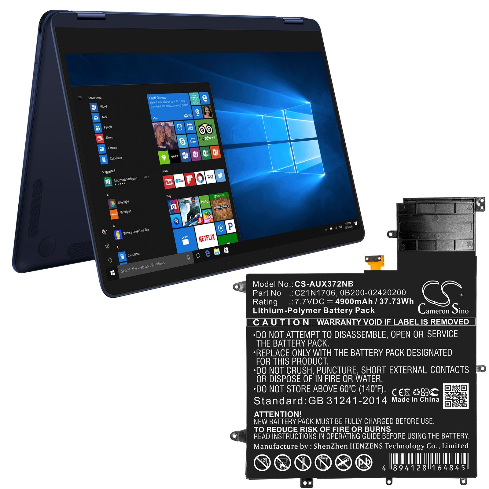 Li-ion Battery fits Asus, Ux370f, Ux370ua-0061a7500u 7.7V, 4900mAh Notebook & Laptop Cameron Sino Technology Limited