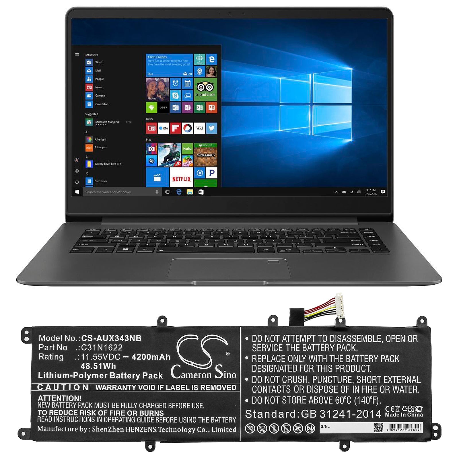 Li-ion Battery fits Asus, Ux530, Ux530uq 11.55V, 4200mAh Notebook & Laptop Cameron Sino Technology Limited