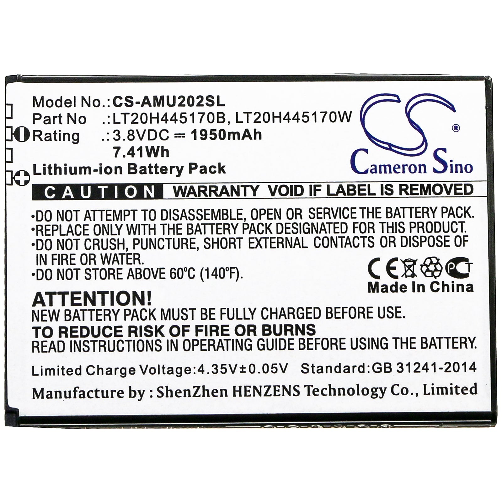 Li-ion Battery fits At&t, Lt20h445170b, Lt20h445170w 3.85V, 1950mAh Mobile & SmartPhone Cameron Sino Technology Limited