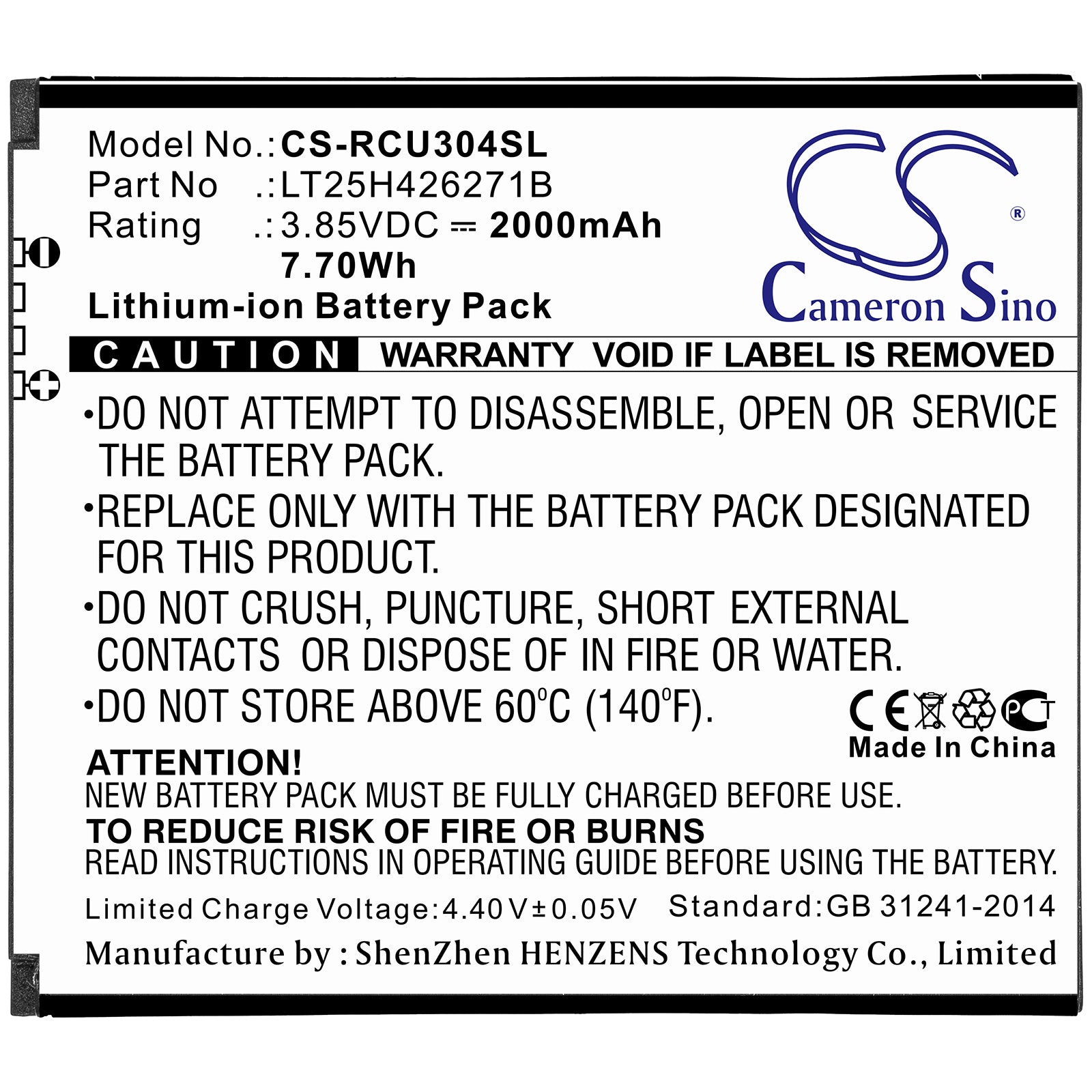 Li-ion Battery fits At&t, Lt25h426271b, Wiko, Lt25h426271w 3.85V, 2000mAh Mobile & SmartPhone Cameron Sino Technology Limited