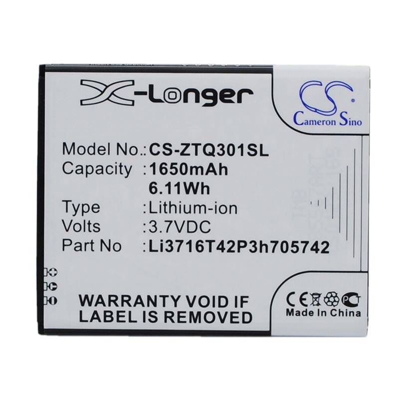 Li-ion Battery fits A+world, cg503, zte, q301c 3.7V, 1650mAh Communications Cameron Sino Technology Limited (Suspended)