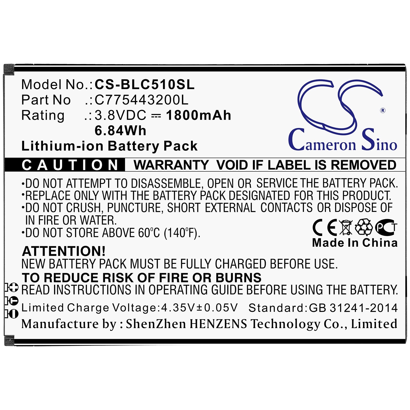 Li-ion Battery fits Blu, C775443200l 3.8V, 1800mAh Mobile & SmartPhone Cameron Sino Technology Limited