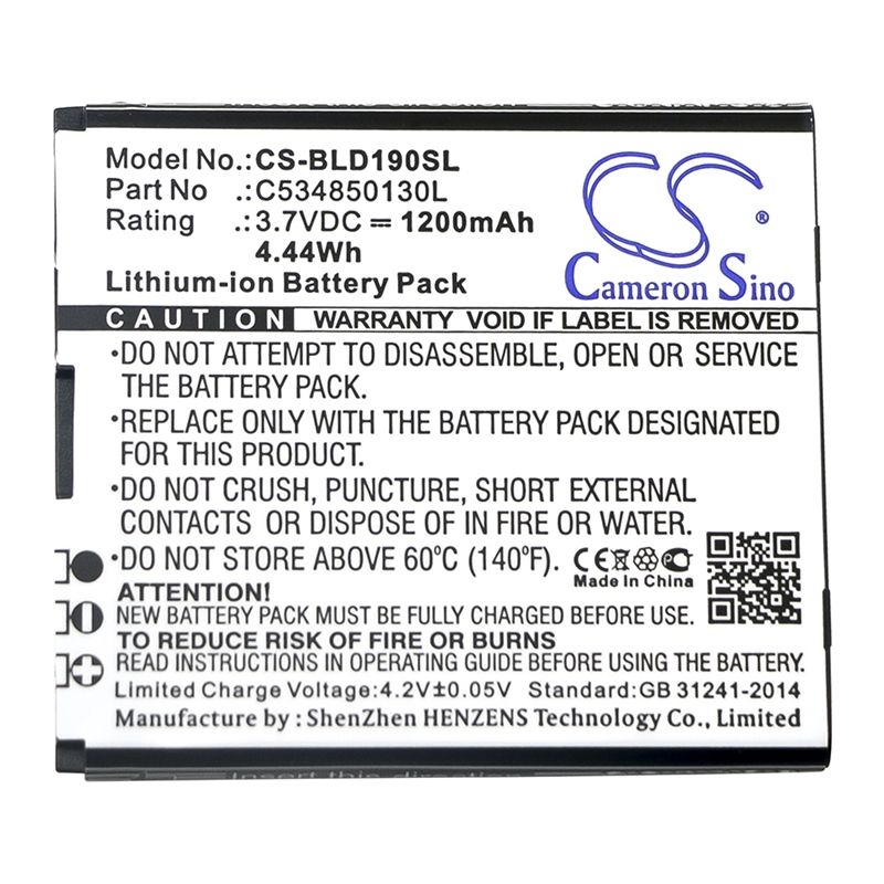 Li-ion Battery fits Blu, d190, dash jr 3g 3.7V, 1200mAh Communications Cameron Sino Technology Limited (Suspended)