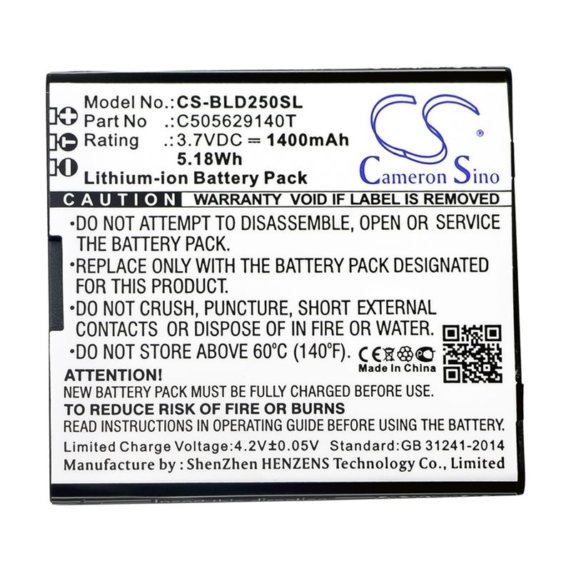 Li-ion Battery fits Blu, d250, dash l2, dash l3 3.7V, 1400mAh Mobile & SmartPhone Cameron Sino Technology Limited