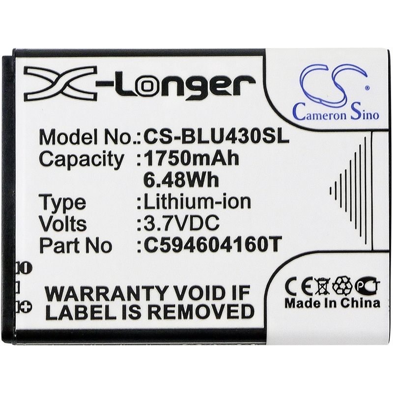 Li-ion Battery fits Blu, d910a, vivo 4.3 3.7V, 1750mAh Mobile & SmartPhone Cameron Sino Technology Limited