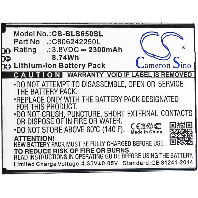 Li-ion Battery fits Blu, s0350ww, s650p, studio j8 lte 3.8V, 2300mAh Communications Cameron Sino Technology Limited
