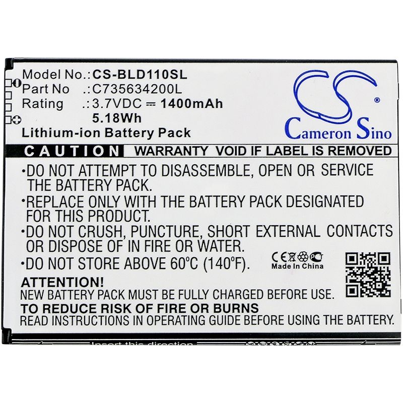 Li-ion Battery Fits Blu, S110, S110l, S110u 3.7v, 1400mah Mobile & SmartPhone Cameron Sino Technology Limited