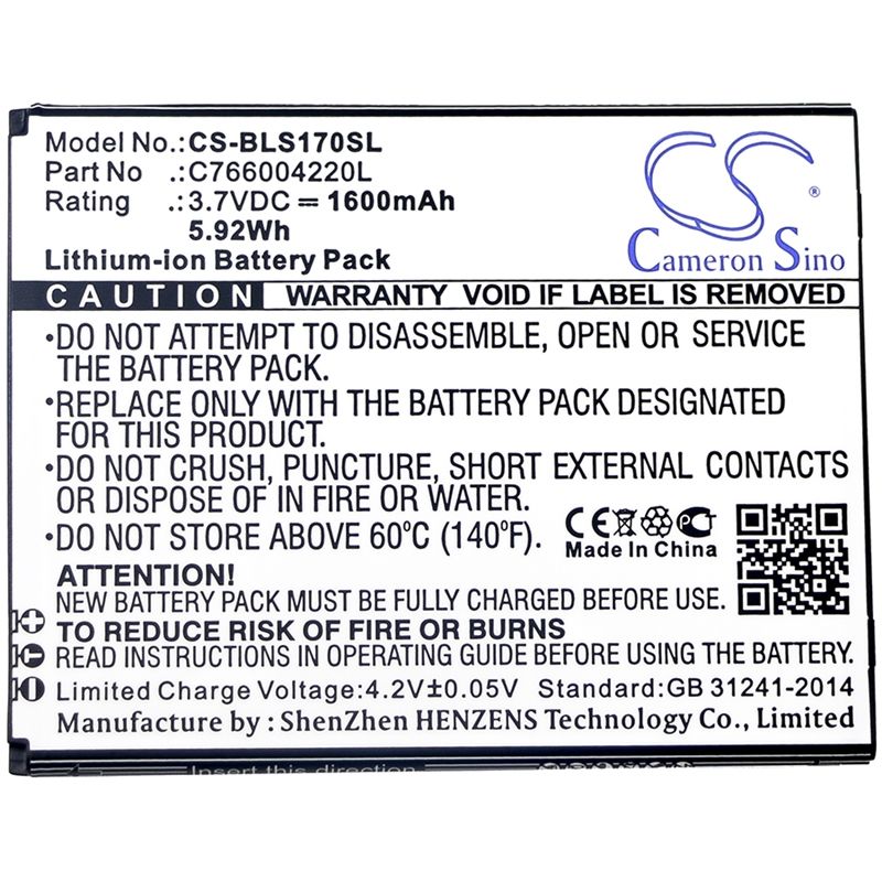 Li-ion Battery fits Blu, s170, studio g hd 3.7V, 1600mAh Mobile & SmartPhone Cameron Sino Technology Limited