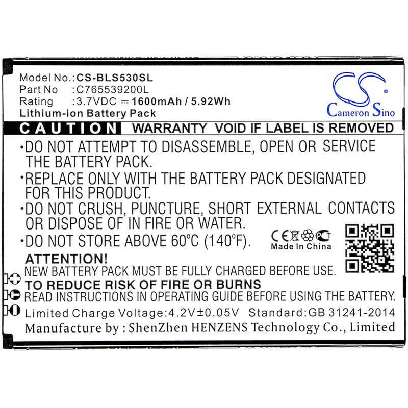Li-ion Battery fits Blu, s530, s550q, studio g2 hd 3.7V, 1600mAh Mobile & SmartPhone Cameron Sino Technology Limited