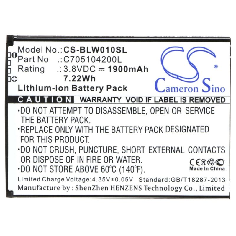 Li-ion Battery fits Blu, studio mini lite 2, w010q 3.8V, 1900mAh Communications Cameron Sino Technology Limited (Suspended)