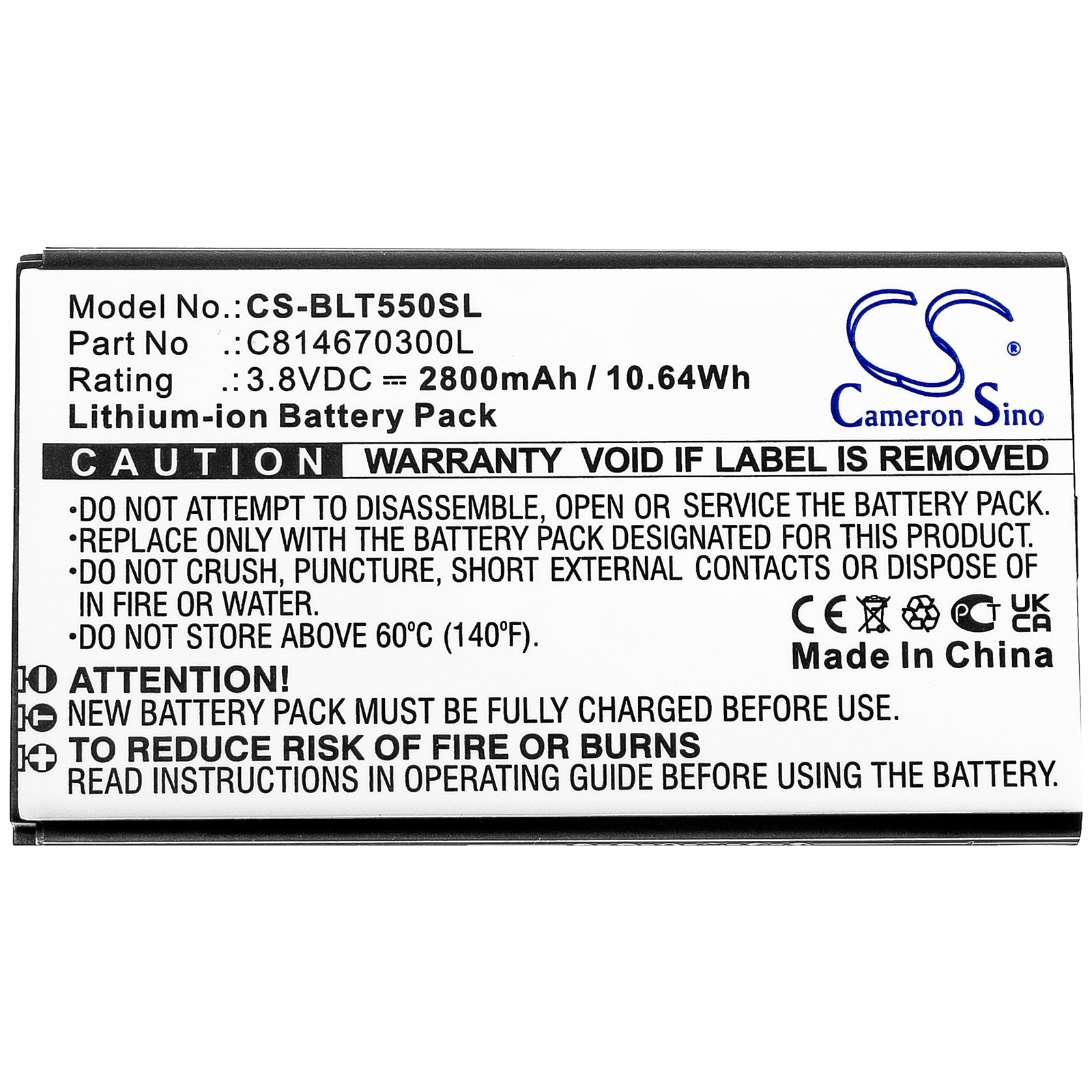 Li-ion Battery fits Blu, T550, Tank 2.4 Torch 3.8V, 2800mAh Mobile & SmartPhone Cameron Sino Technology Limited