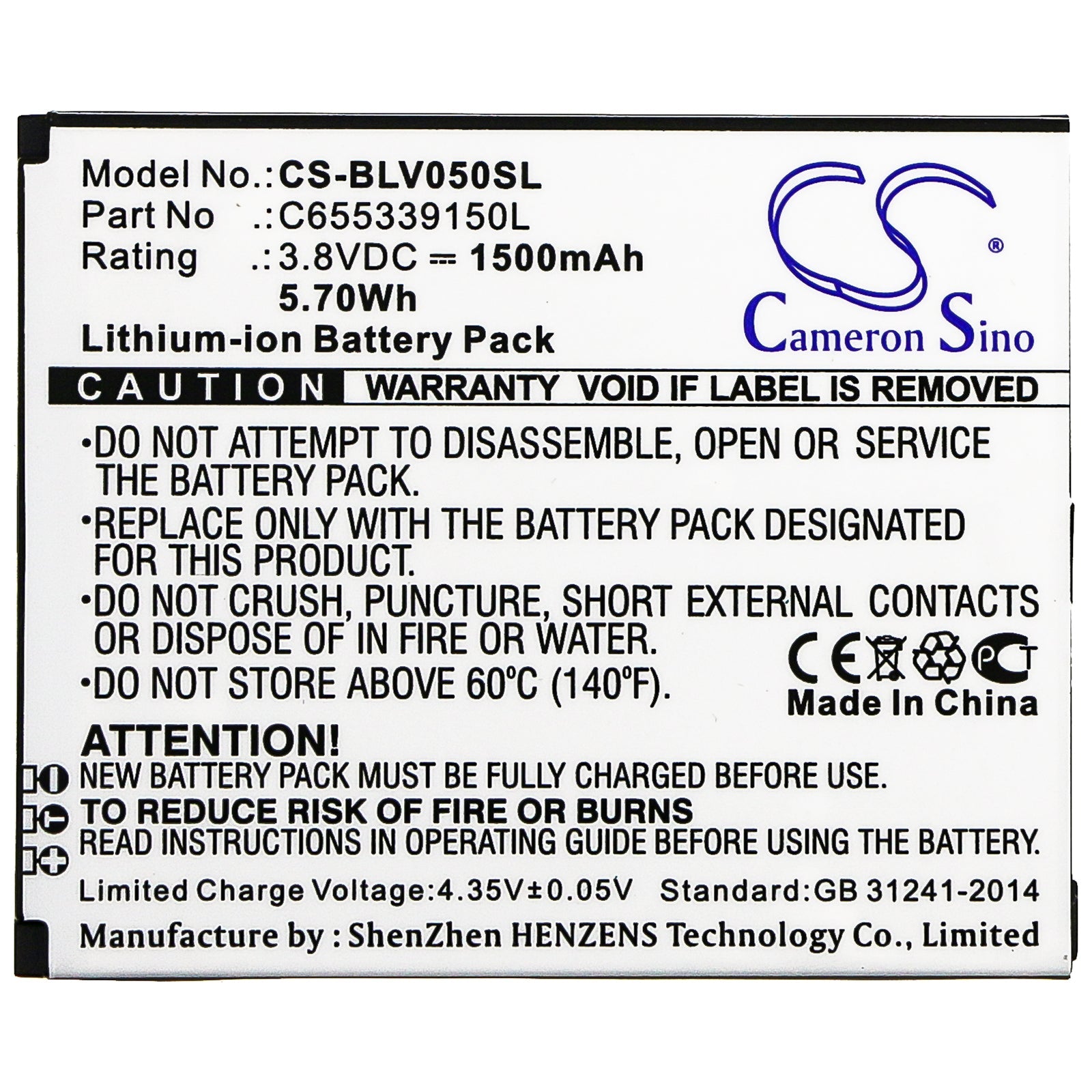 Li-ion Battery fits Blu, V050, Vivo 5 Mini 3.8V, 1500mAh Mobile & SmartPhone Cameron Sino Technology Limited