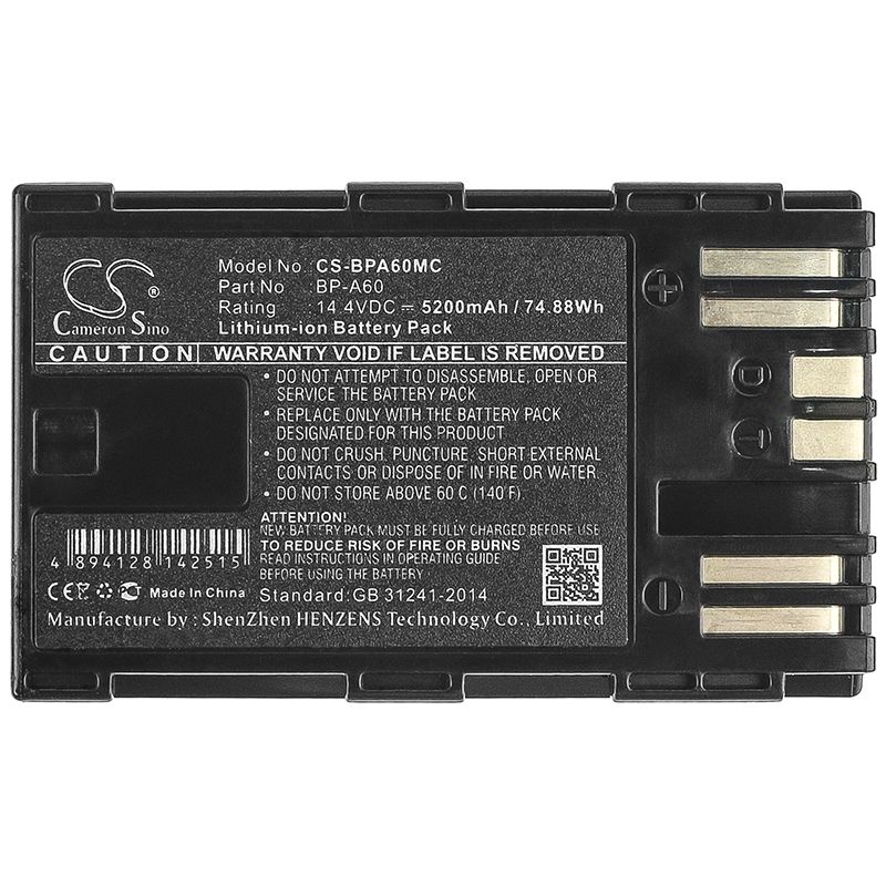 Li-ion Battery fits Canon, Ca-cp200l, Eos C200, Eos C200 Pl 14.4V, 5200mAh Camera Cameron Sino Technology Limited