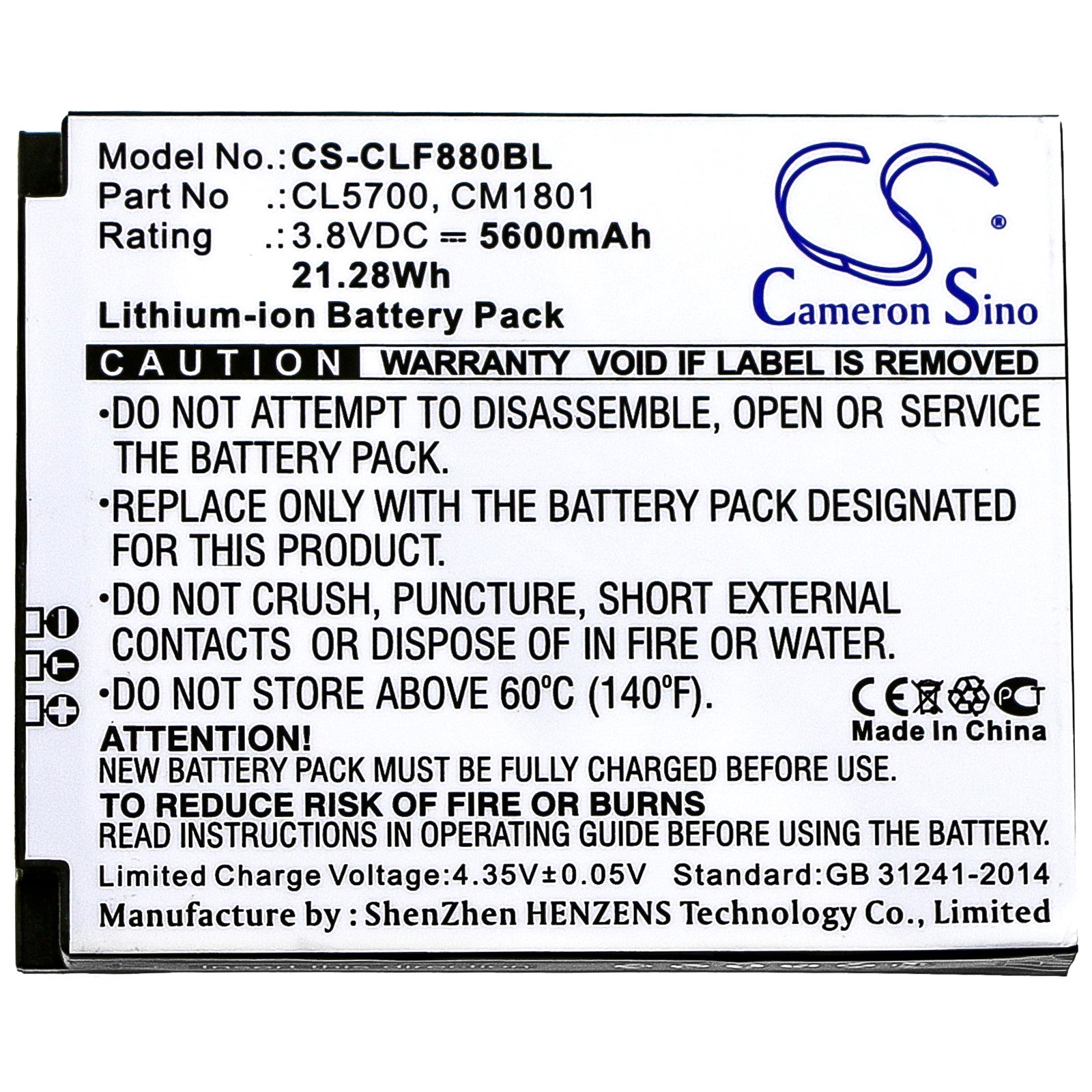 Li-ion Battery fits Cilico, F880, F880p 3.8V, 5600mAh Barcode Scanner Cameron Sino Technology Limited