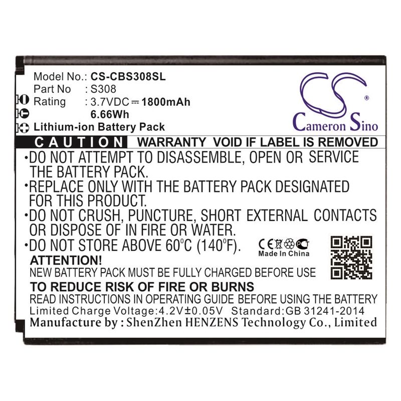 Li-ion Battery fits Cubot, s308 3.7V, 1800mAh Mobile & SmartPhone Cameron Sino Technology Limited