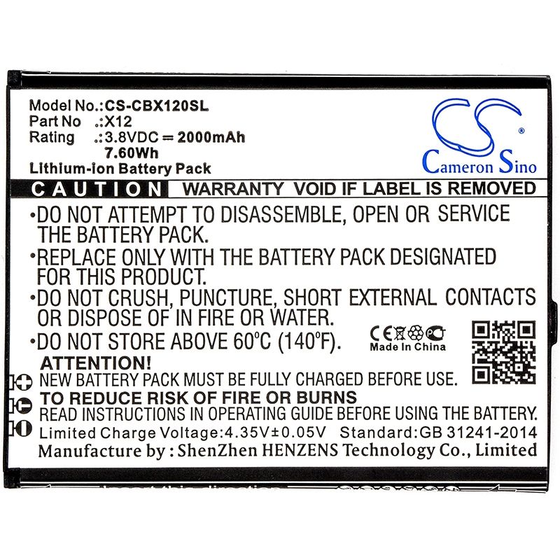 Li-ion Battery fits Cubot, x12 3.8V, 2000mAh Communications Cameron Sino Technology Limited