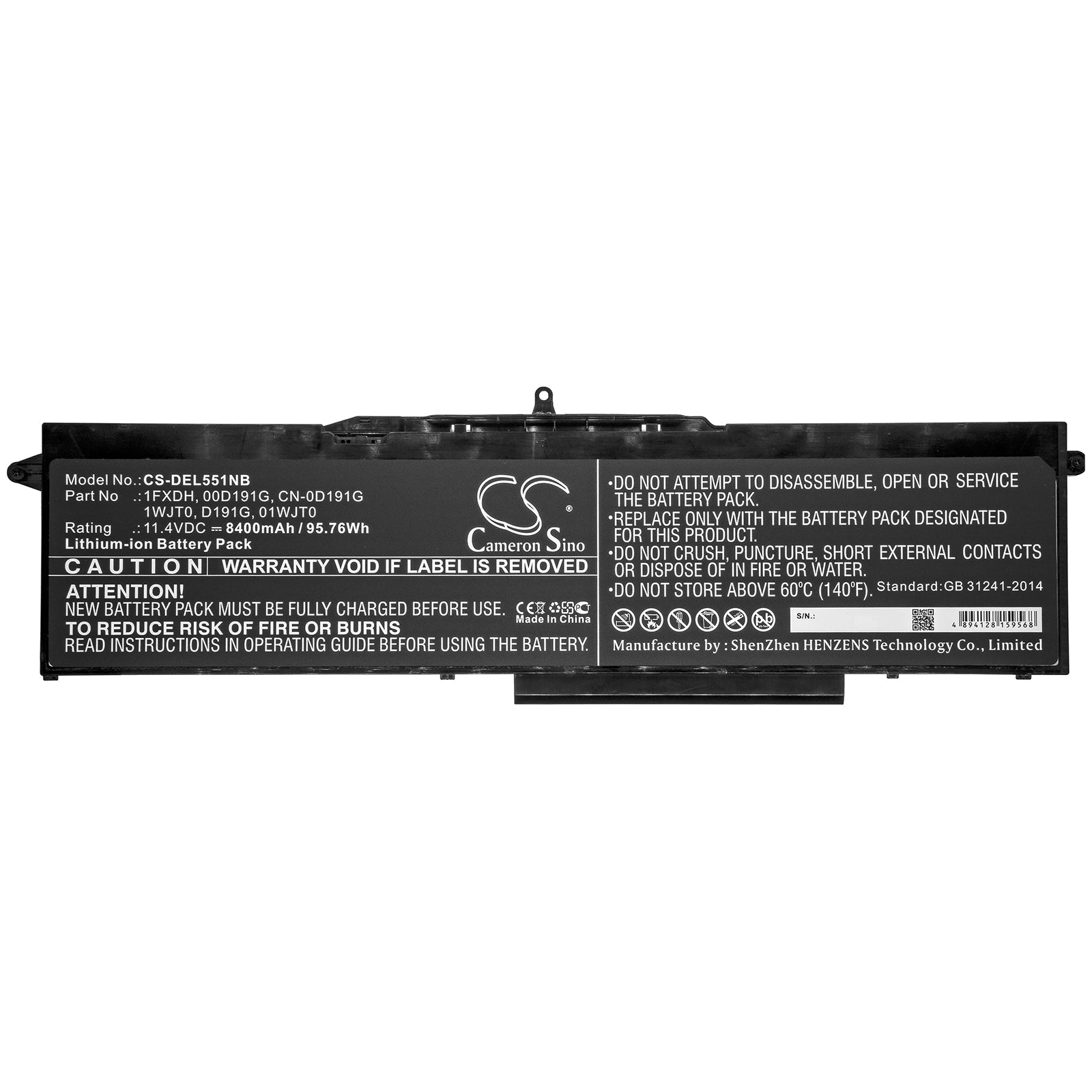 Li-ion Battery fits Dell, 01wjt0, 0d191g, 1fxdh, 1wjt0, Cn-0d191g, D191g 11.4V, 8400mAh Notebook & Laptop Cameron Sino Technology Limited
