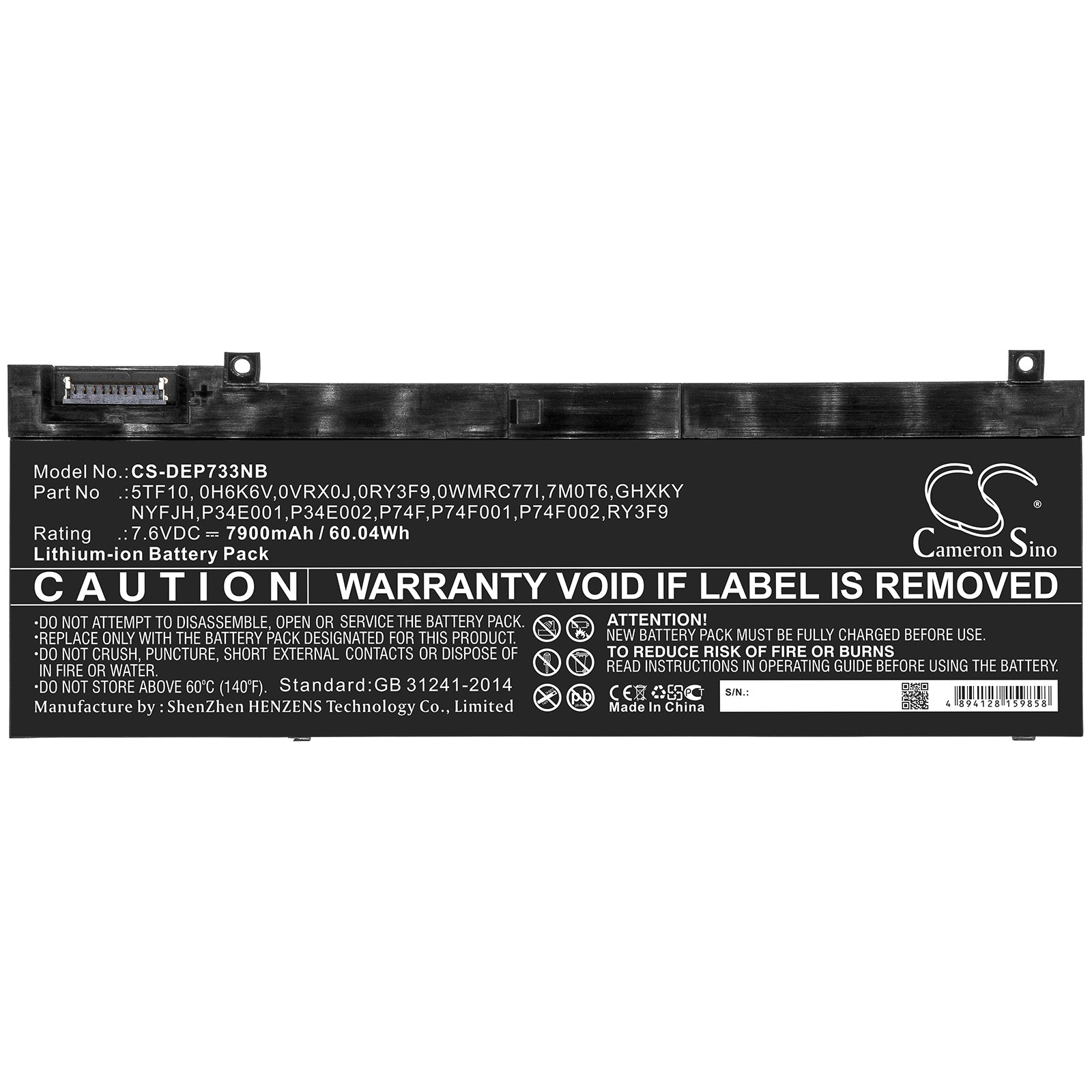 Li-ion Battery fits Dell, 0h6k6v, 0ry3f9, 0vrx0j, 0wmrc77i, 5tf10, 7m0t6, Ghxky, Nyfjh, P34e001, P34e002, P74f, P74f001, P74f002 Notebook & Laptop Cameron Sino Technology Limited