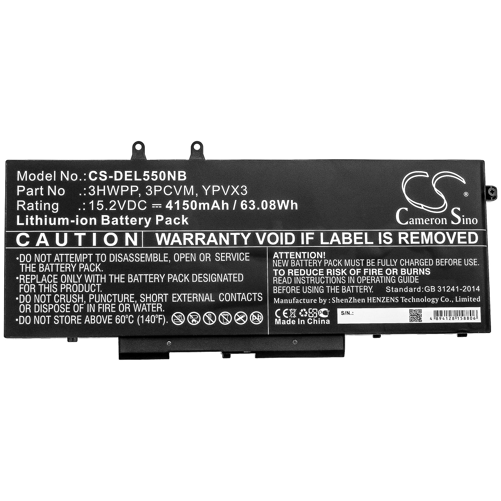 Li-ion Battery fits Dell, 3hwpp, 3pcvm, Ypvx3 15.2V, 4150mAh Notebook & Laptop Cameron Sino Technology Limited