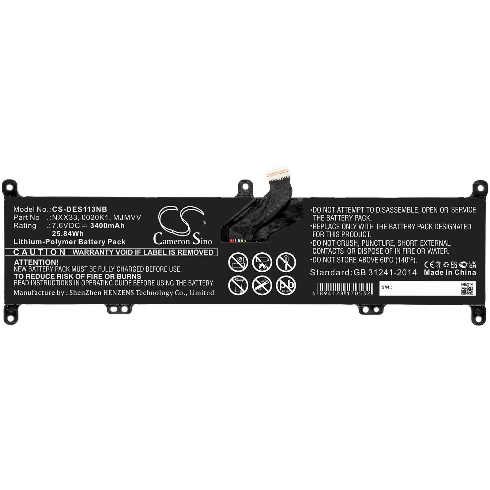 Li-ion Battery fits Dell, Inspiron 11 3195 2-in-1 7.6V, 3400mAh Notebook & Laptop Cameron Sino Technology Limited