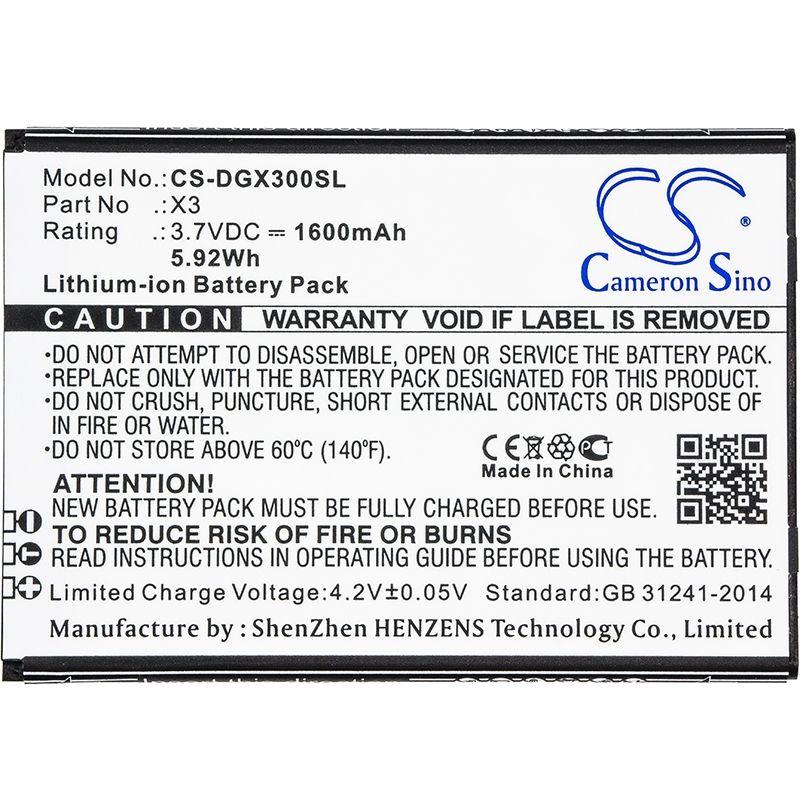 Li-ion Battery fits Doogee, x3 3.7V, 1600mAh Mobile & SmartPhone Cameron Sino Technology Limited