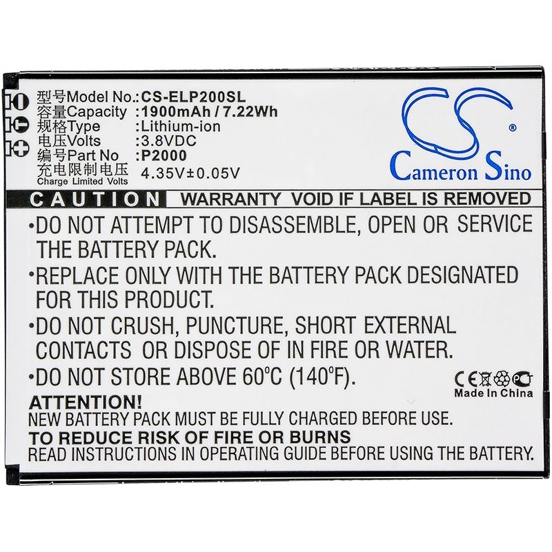 Li-ion Battery fits Elephone, p2000, p2000c, precious p2000 3.8V, 1900mAh Mobile & SmartPhone Cameron Sino Technology Limited