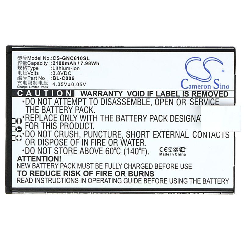 Li-ion Battery fits Gionee, c610 3.8V, 2100mAh Communications Cameron Sino Technology Limited (Suspended)