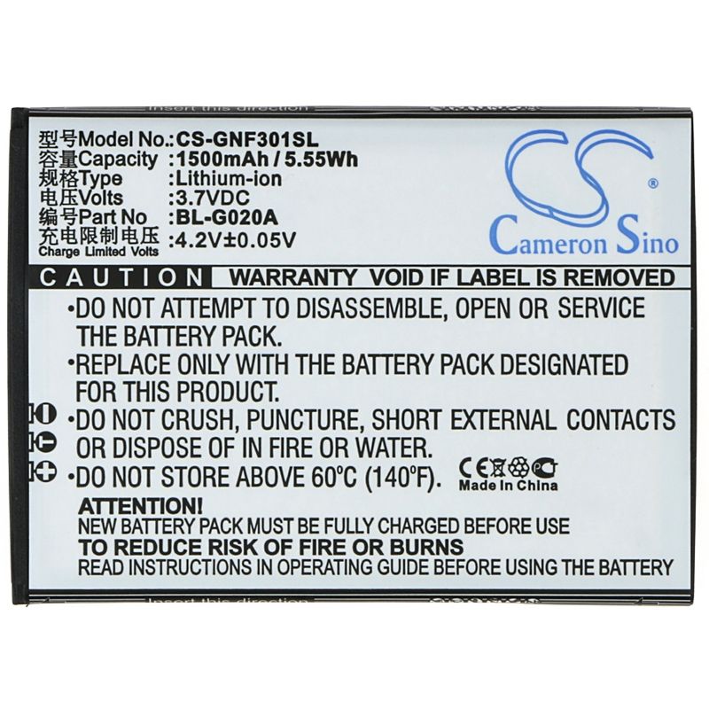 Li-ion Battery fits Gionee, f301 3.7V, 1500mAh Mobile & SmartPhone Cameron Sino Technology Limited
