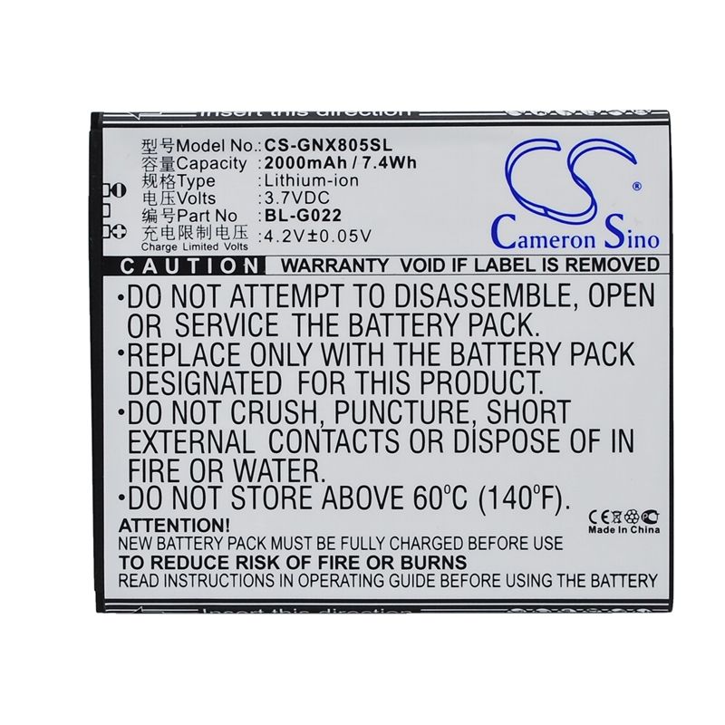 Li-ion Battery fits Gionee, x805 3.7V, 2000mAh Mobile & SmartPhone Cameron Sino Technology Limited