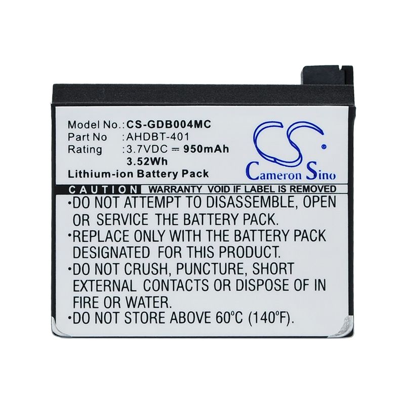 Li-ion Battery fits Gopro, Hero 4, Hero 4 Black, Hero 4 Silver 3.7V, 950mAh Camera Cameron Sino Technology Limited