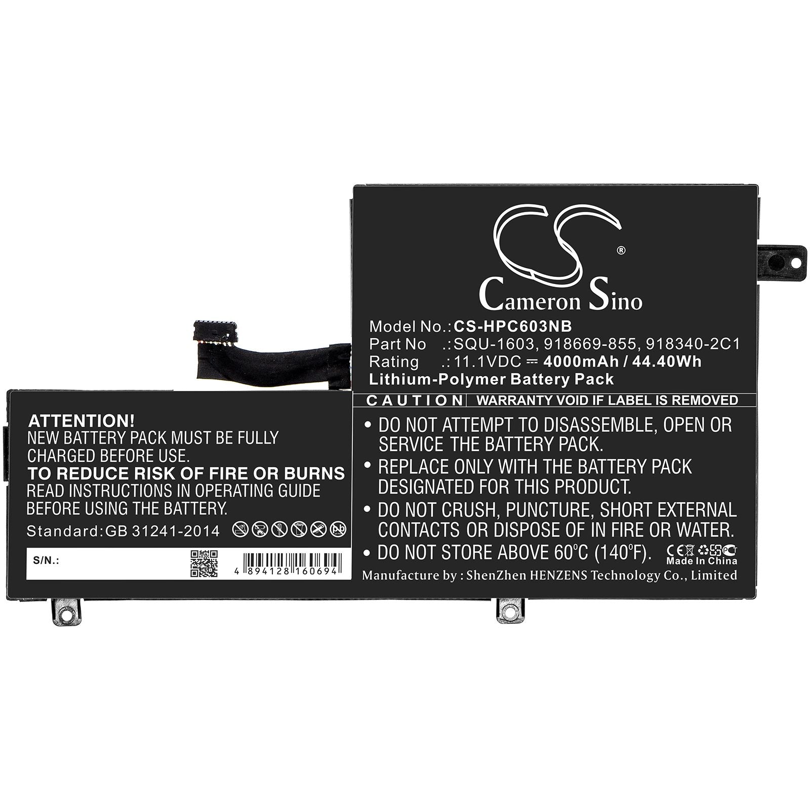 Li-ion Battery fits Hp, 918340-2c1, 918669-855, Hstnn-db7z, Squ-1603 11.1V, 4000mAh Notebook & Laptop Cameron Sino Technology Limited