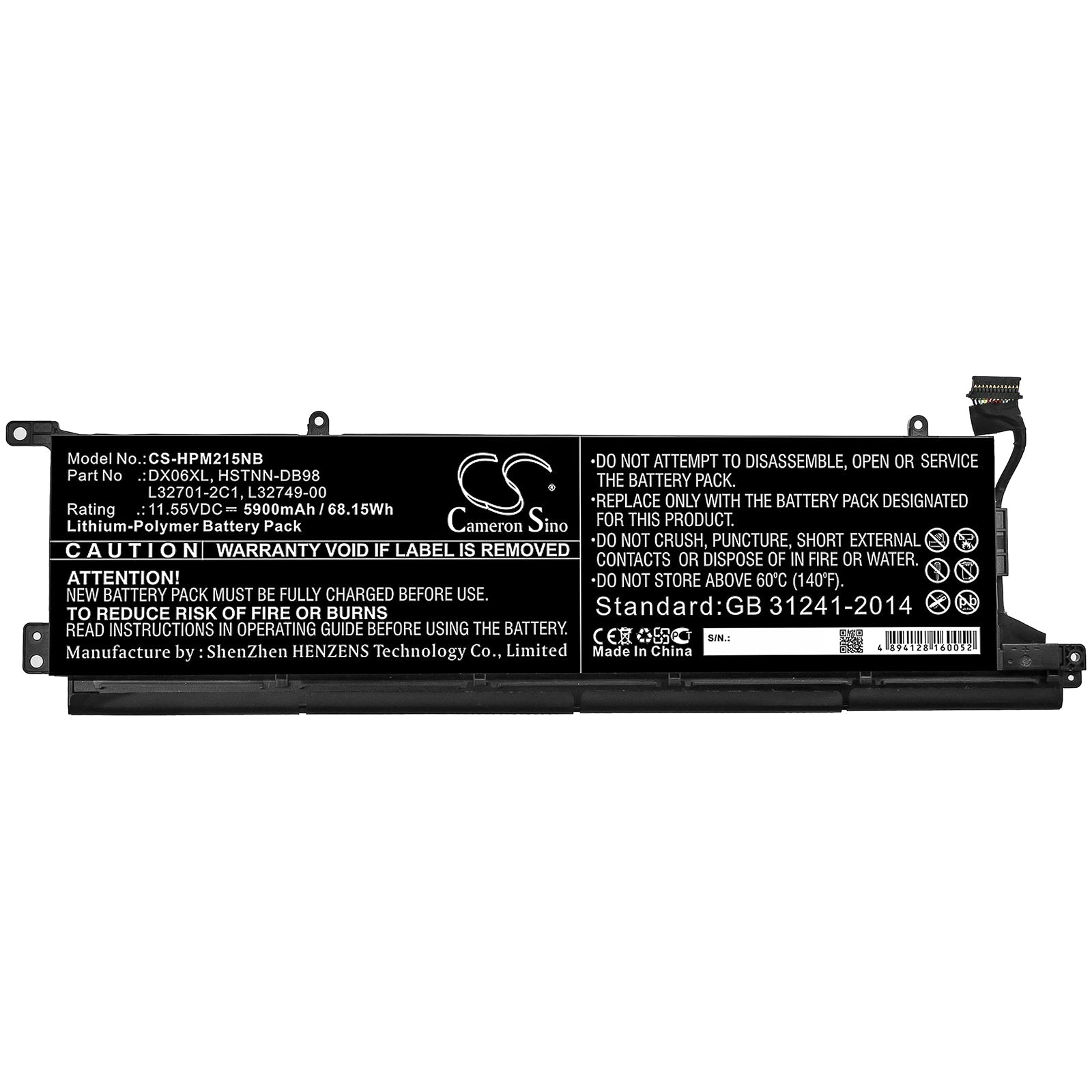 Li-ion Battery fits Hp, Dx06xl, Hstnn-db98, L32701-2c1, L32749-00 11.55V, 5900mAh Notebook & Laptop Cameron Sino Technology Limited