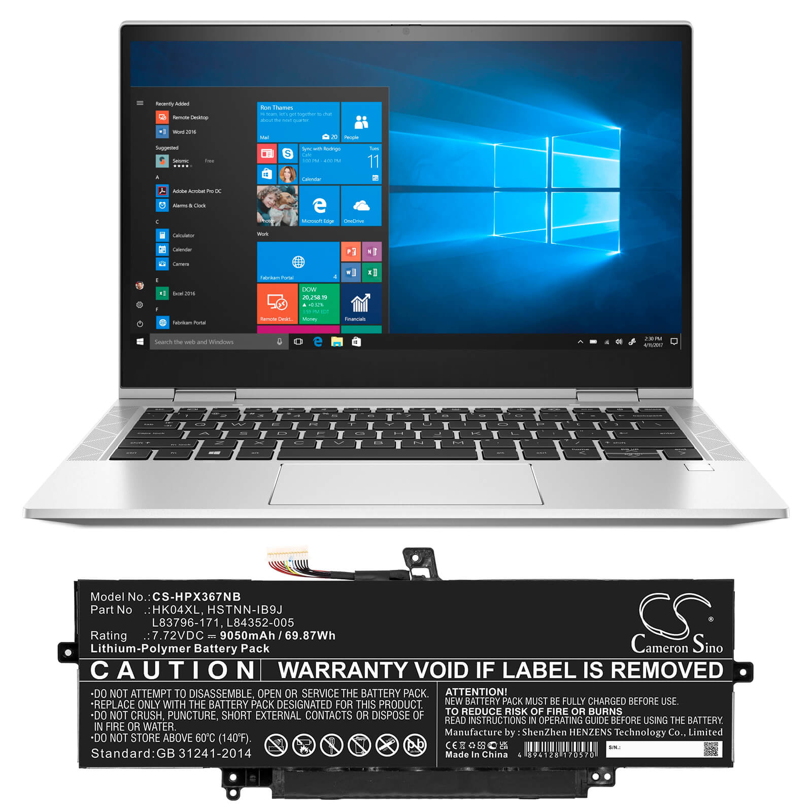 Li-ion Battery fits Hp, Elitebook X360 1040 G7, Elitebook X360 1040 G7 119y7ea 7.72V, 9050mAh Notebook & Laptop Cameron Sino Technology Limited