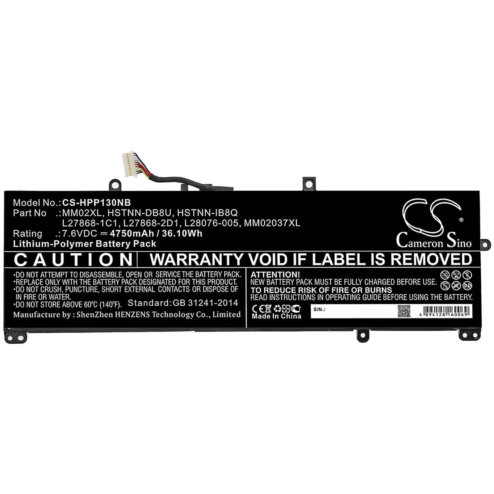 Li-ion Battery fits Hp, Hstnn-db8u, Hstnn-ib8q, L27868-1c1, L27868-2d1, L28076-005, Mm02037xl, Mm02xl 7.6V, 4750mAh Notebook & Laptop Cameron Sino Technology Limited